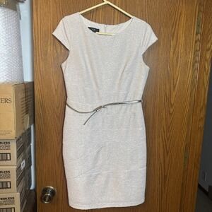 AGB‎ Women's Sheath Dress Size 10 – Light Beige Glitter Knit Cap Sleeve w/ Belt